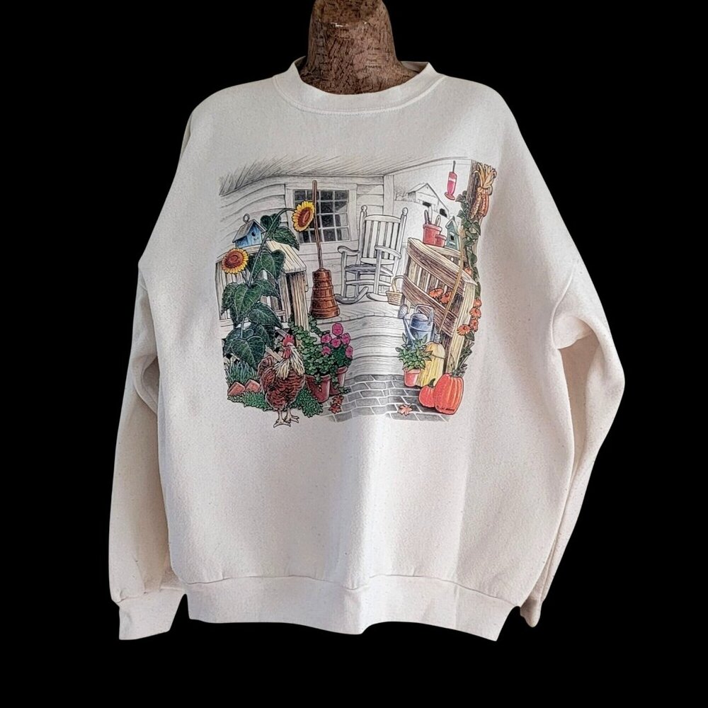 Vtg 90s Farmhouse Garden Grannycore Graphic Crewneck Sweatshirt White - Picture 3 of 16